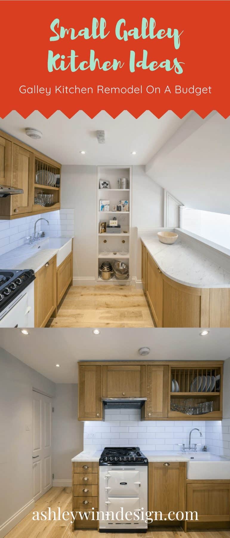 White and brown galley kitchen