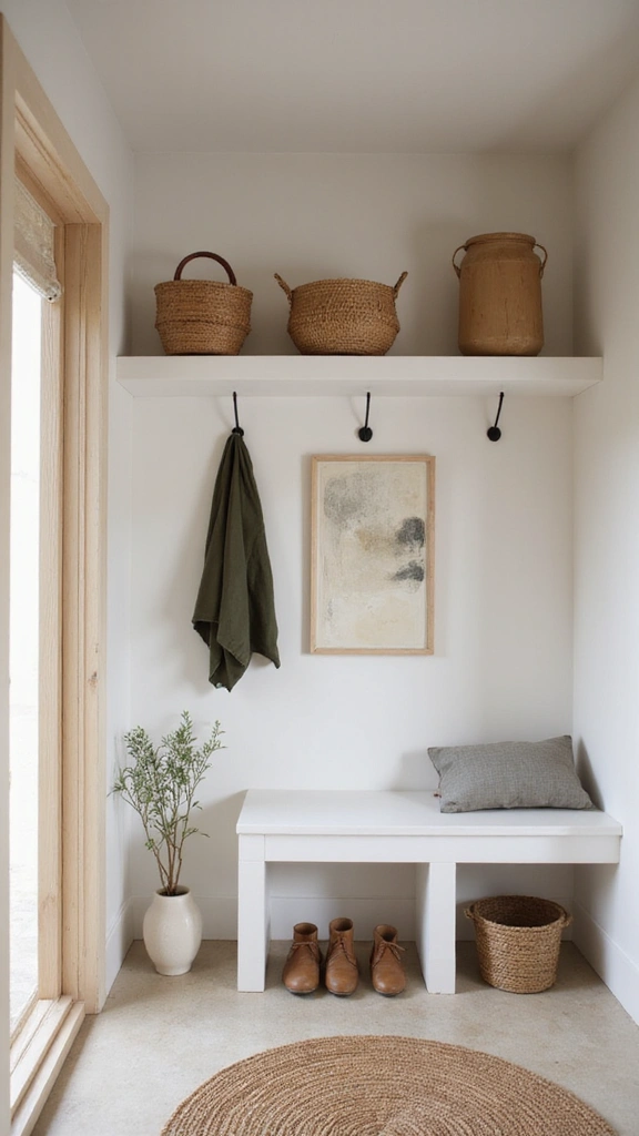 A minimalist zen mudroom with a simple bamboo shoe rack and an indoor water fountain.