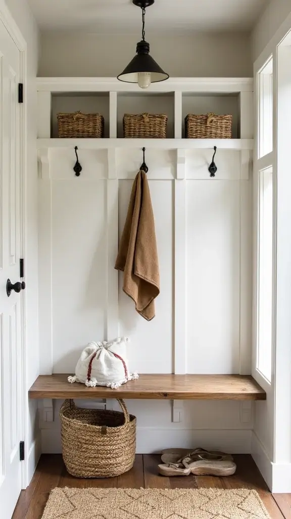 A mudroom decorated for the holidays with seasonal pillows and a festive doormat.