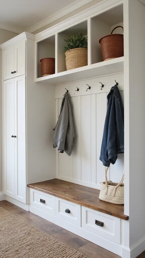 A mudroom with floor-to-ceiling custom built-in cabinets and cubbies for personalized storage.