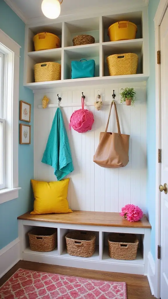 A vibrant mudroom with a bold, colorful floral wallpaper and bright storage bins.