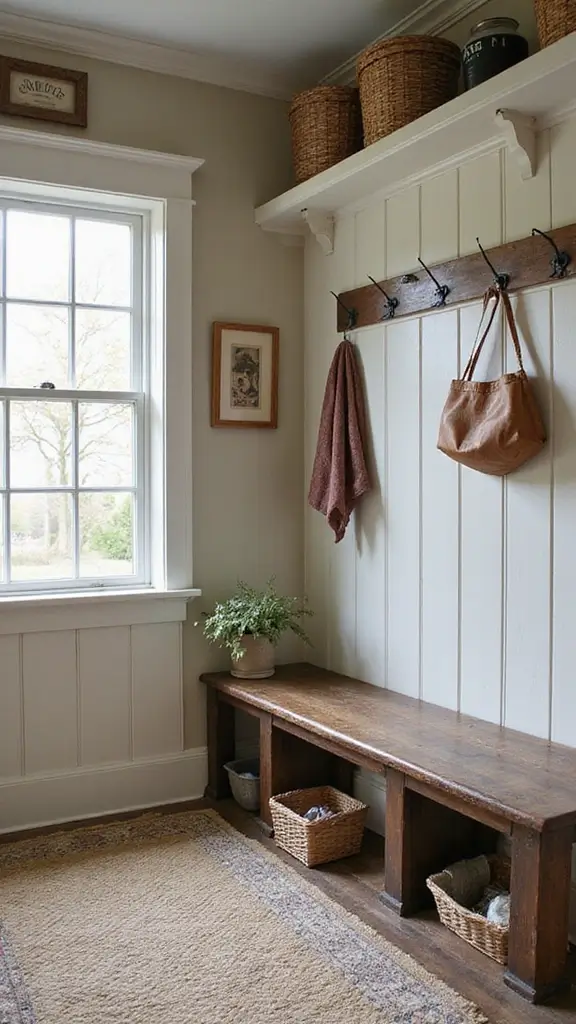 A mudroom decorated with vintage finds, including an old suitcase for storage and a retro coat rack.