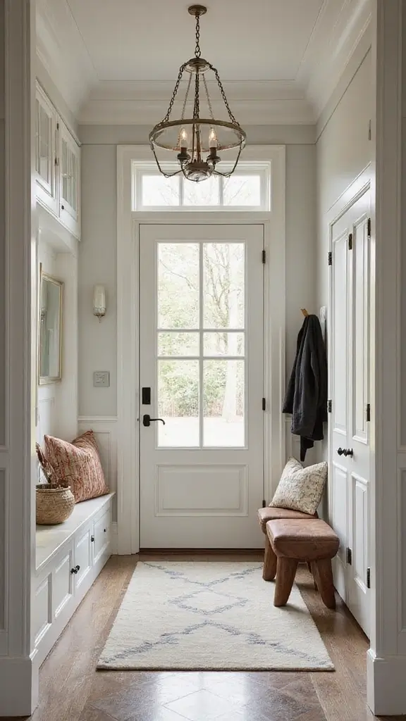 An elegant mudroom featuring a modern crystal chandelier and a large decorative mirror.