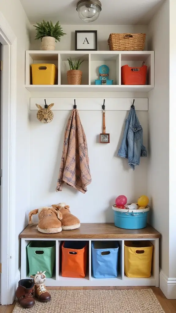 A kids' corner in a mudroom with low hooks, colorful storage bins, and a growth chart on the wall.