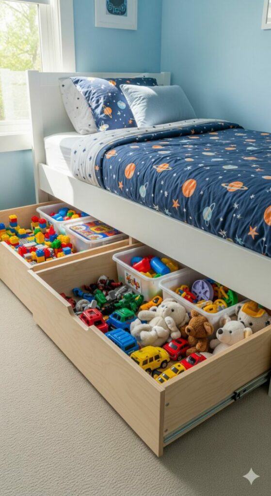 A clever under-bed toy storage solution with rolling drawers filled with toys, maximizing bedroom space.