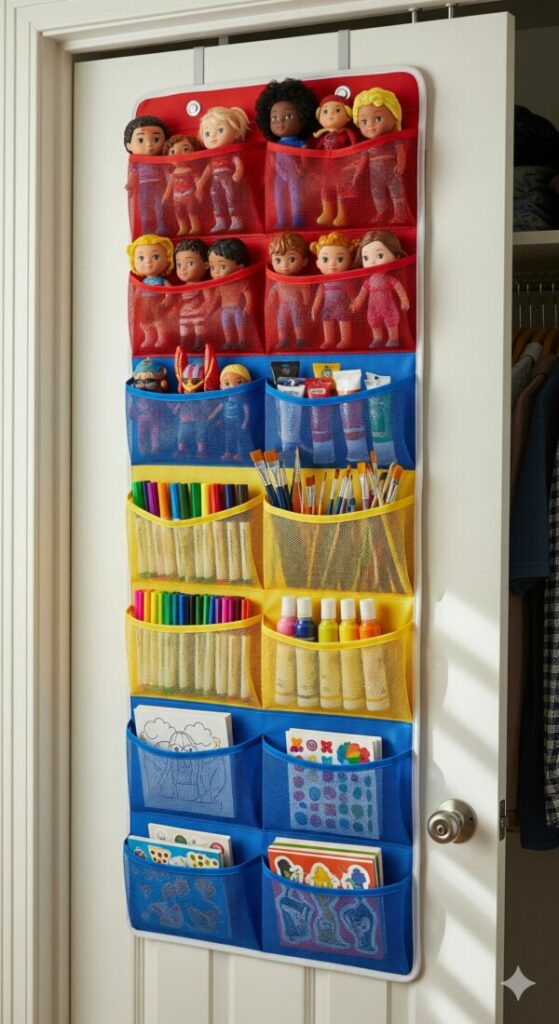 A colorful hanging fabric organizer on a closet door, a vertical toy storage solution filled with small dolls and art supplies.