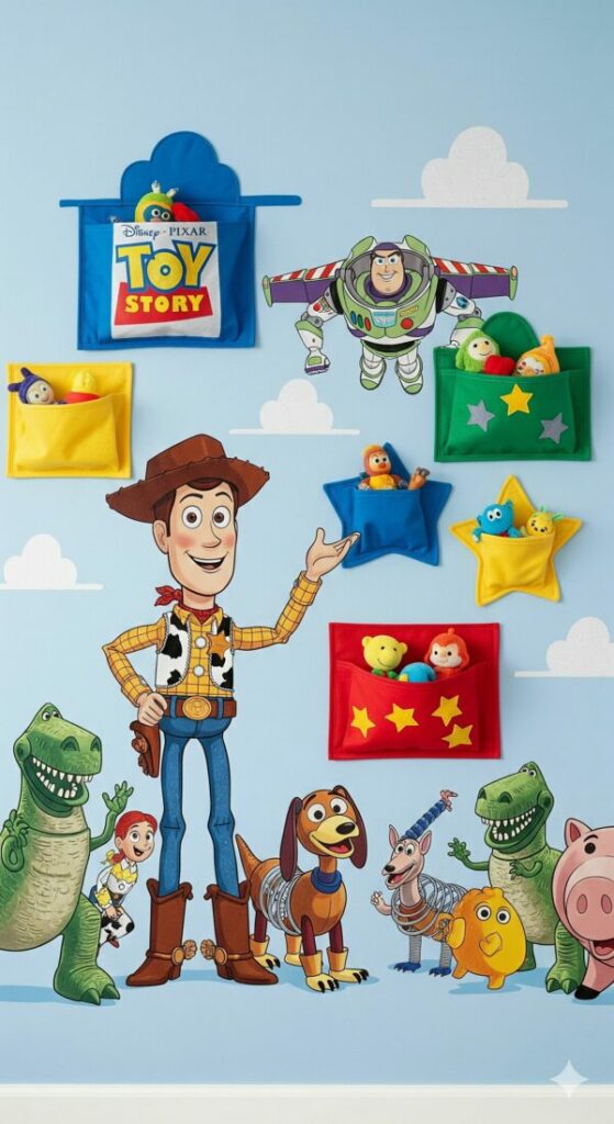 A fun Toy Story wall decal with built-in pockets, an integrated toy storage solution for a child's bedroom.