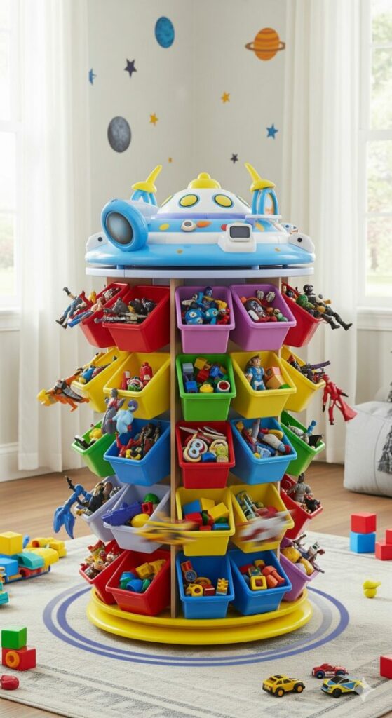 A fun rotating toy storage carousel in a playroom, an innovative solution for organizing small toys and action figures.