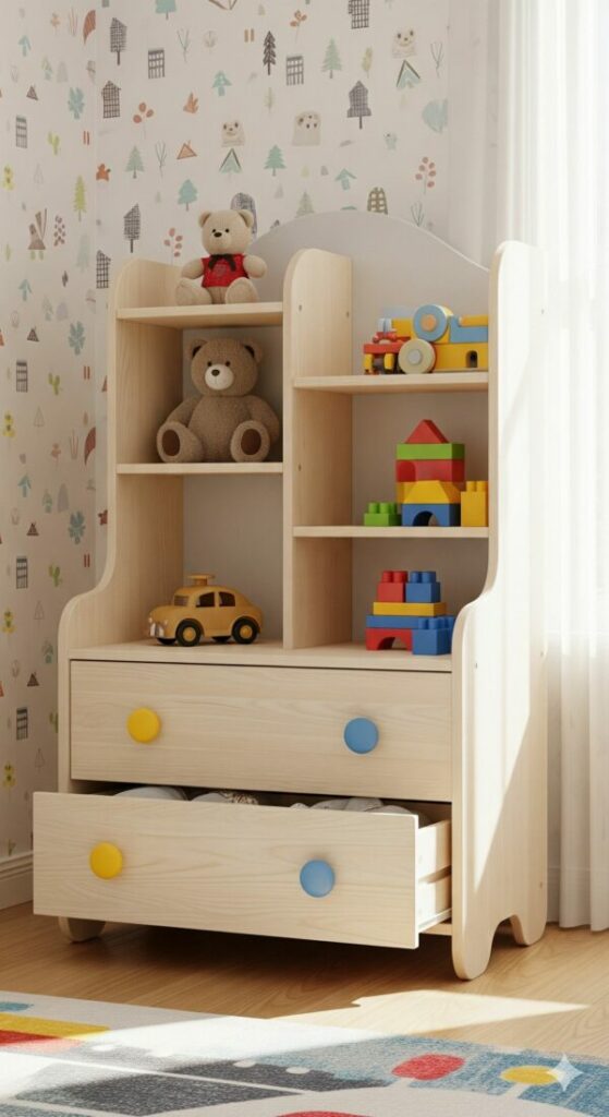 A kids' toy dresser with open shelving, a dual-purpose toy storage solution for clothes and displaying favorite toys.