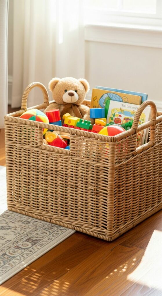 A large woven toy basket with handles, a simple and portable toy storage solution for any room in the house.