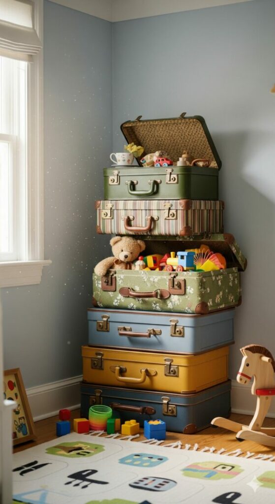 A stack of charming vintage suitcases used as a whimsical toy storage solution in a child's bedroom.