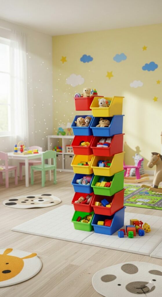 A toddler's playroom with a tower of colorful stackable bins, a great toy storage solution for easy organization.