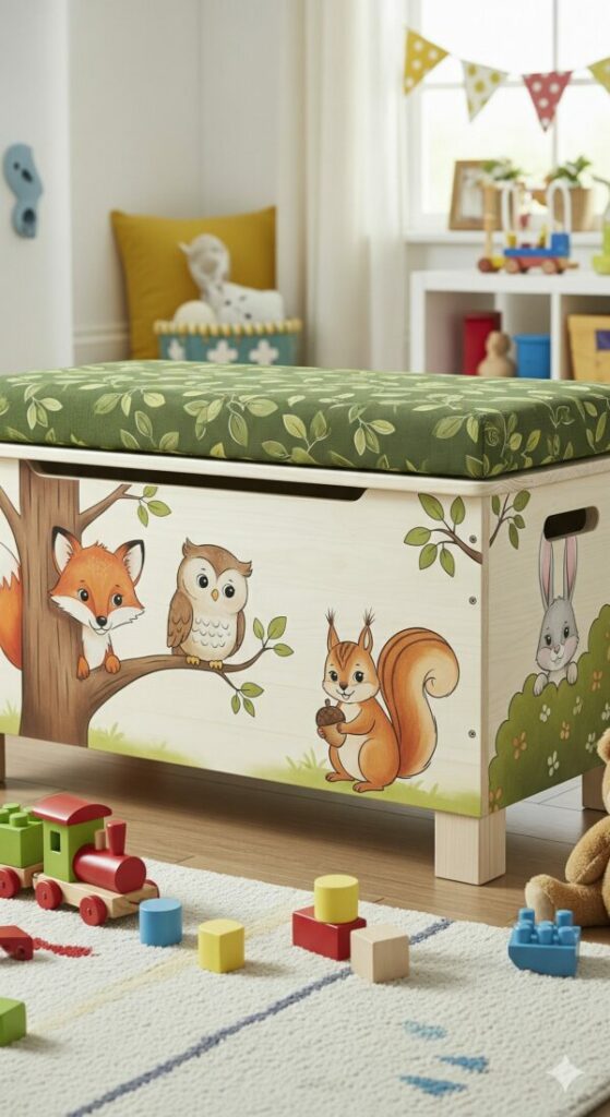 A whimsical toy chest with a woodland creature design, a classic toy storage solution that doubles as a bench.