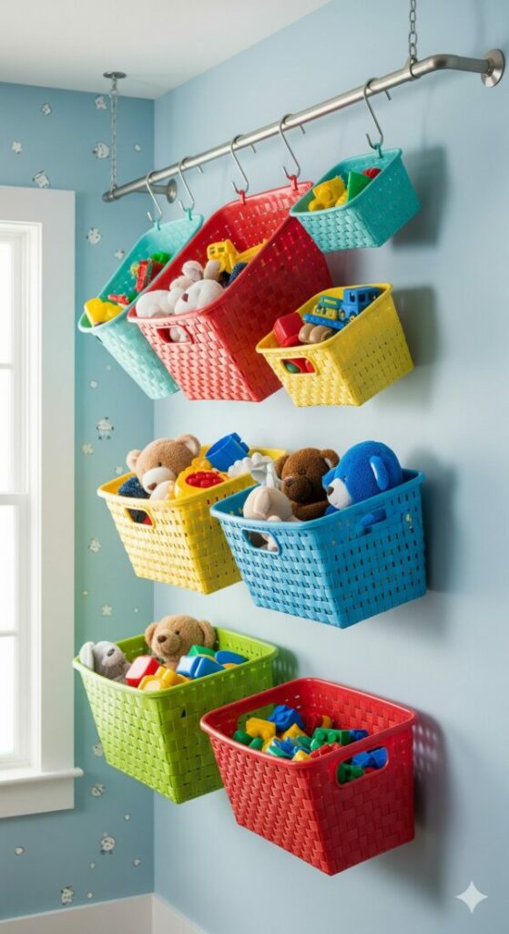 An innovative hanging toy storage solution using a curtain rod and S-hooks to hold colorful baskets of toys.