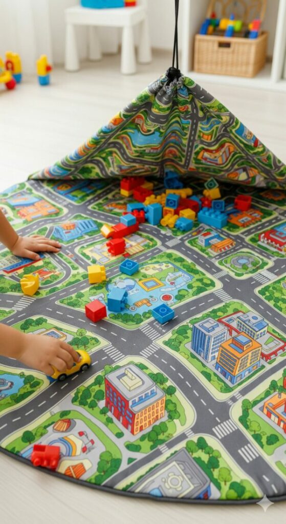 An interactive play mat with a city road design that folds into a toy storage solution bag for building blocks.