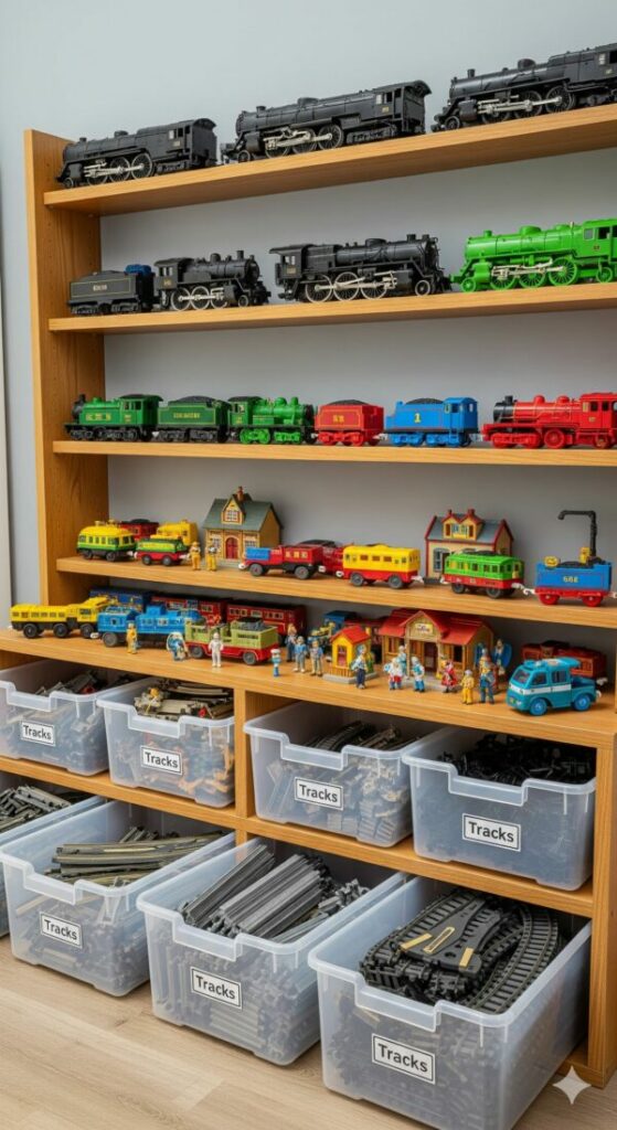 An organized toy train storage system with shelves displaying locomotives and bins for tracks.