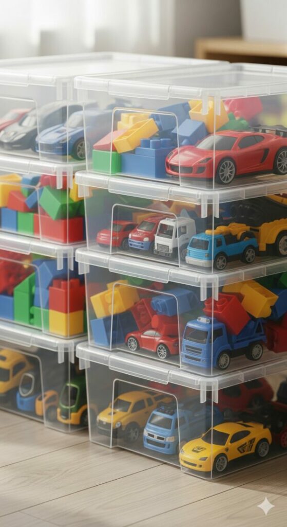 Stacked clear plastic toy boxes, a practical toy storage solution where building blocks and cars are easily visible.