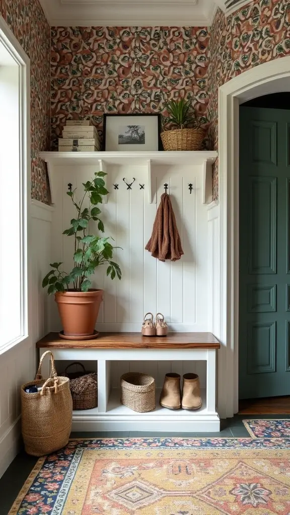An artistic mudroom with bold patterned wallpaper and a custom-built shelving unit.