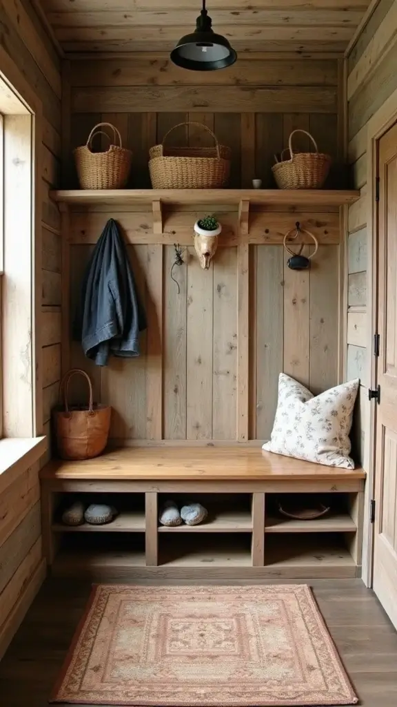 A rustic mudroom featuring a reclaimed wood bench and earthy tones.