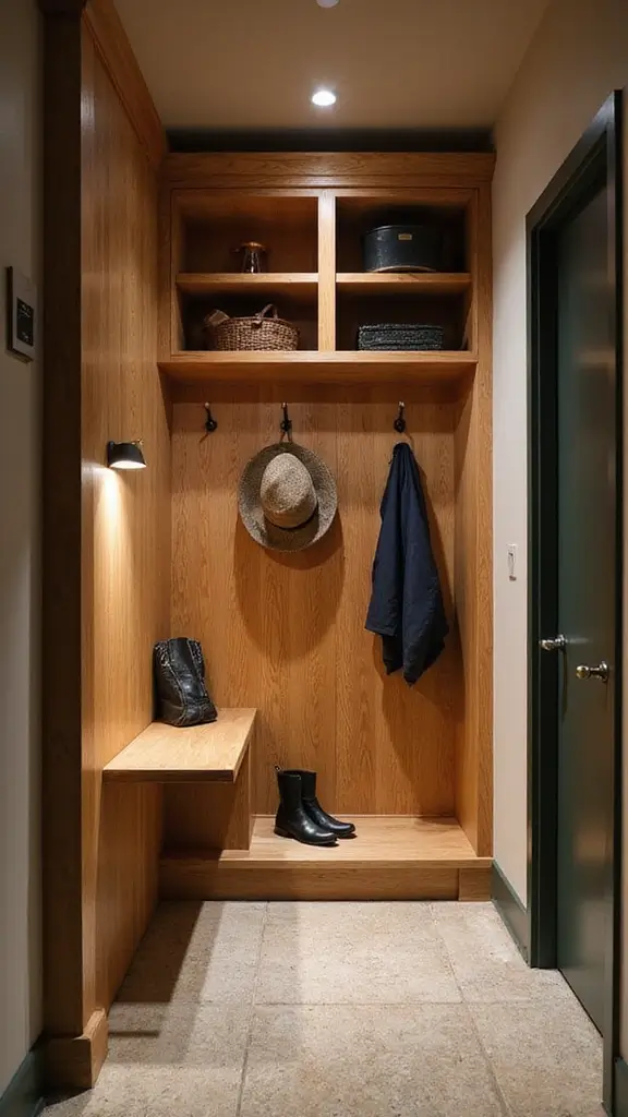 A well-lit mudroom showcasing different types of lighting, including a ceiling light, wall sconces, and a chandelier.