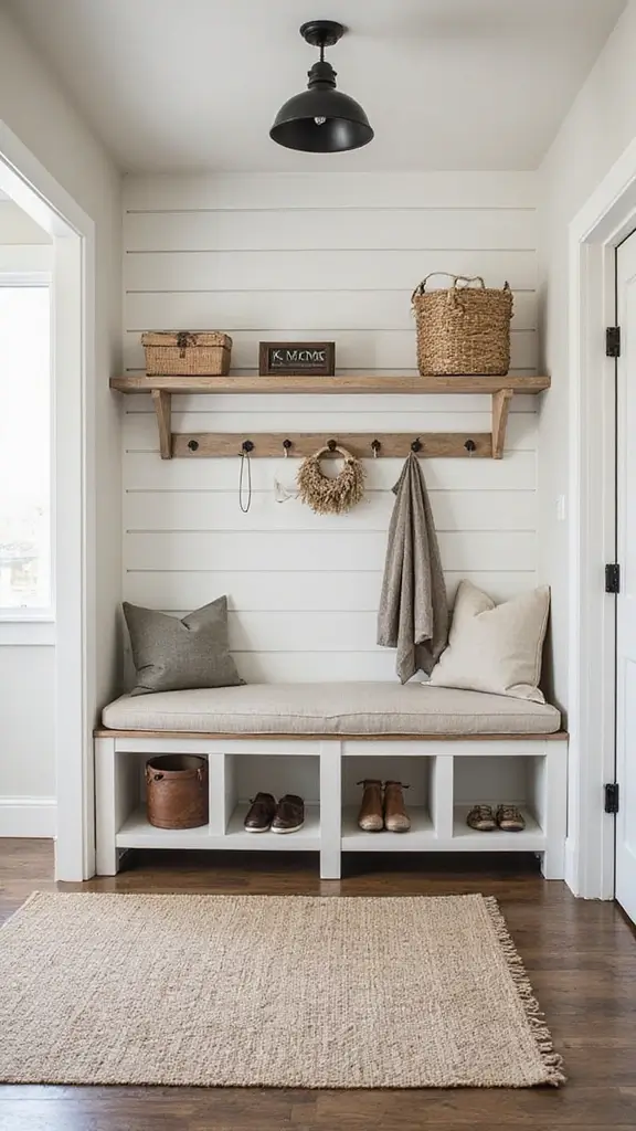 A cozy farmhouse mudroom with white shiplap walls and a wooden storage bench.
