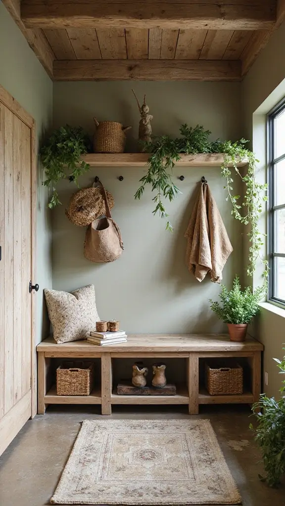 A nature-inspired mudroom filled with indoor plants and natural wood elements.