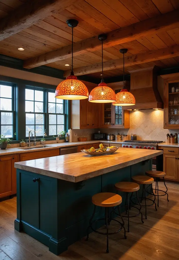 Bold lighting fixtures, like large pendants, hanging over a kitchen island and acting as a focal point.