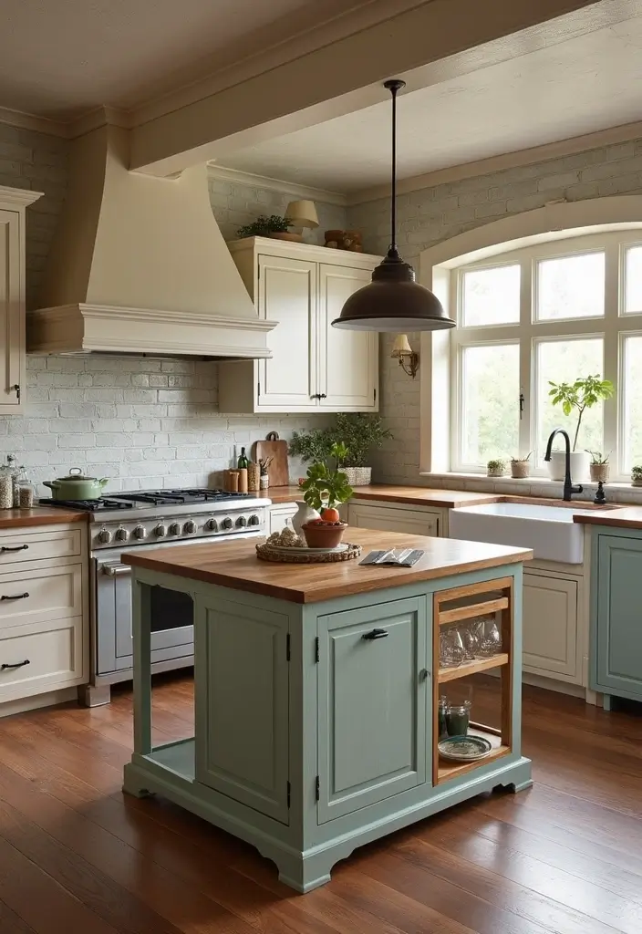 A kitchen island with vintage touches, featuring a distressed paint finish and retro-style bar stools.