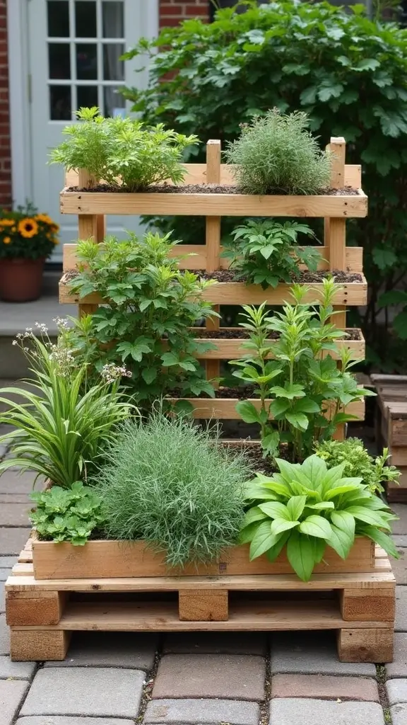 A repurposed wooden pallet used as a vertical pallet garden, an eco-friendly idea for a small backyard garden.