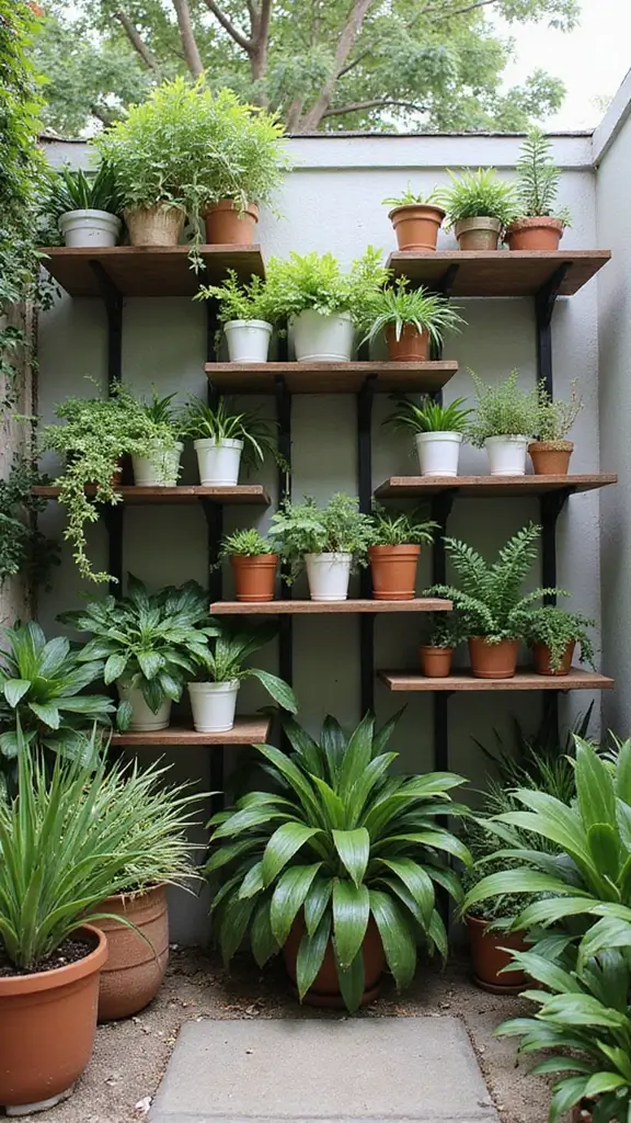 A multi-tiered plant shelf displaying a variety of potted plants, a great idea for a small balcony garden.