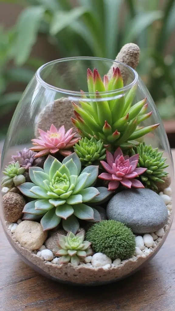 A stunning succulent display in a geometric terrarium, an easy and modern small garden idea.
