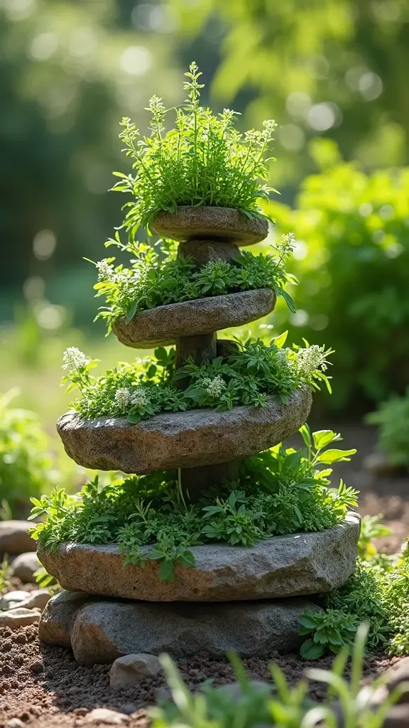 A beautifully constructed herb spiral made of stones, a clever idea for a small herb garden.