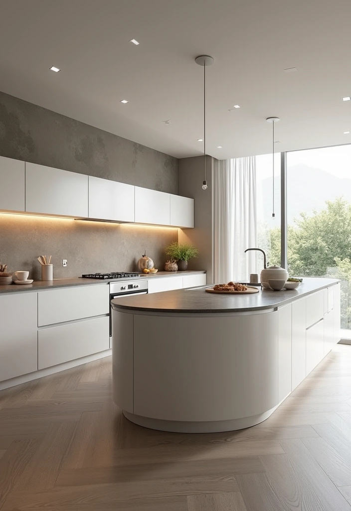 A modern kitchen with a curved island, a trend that softens the room and improves traffic flow.