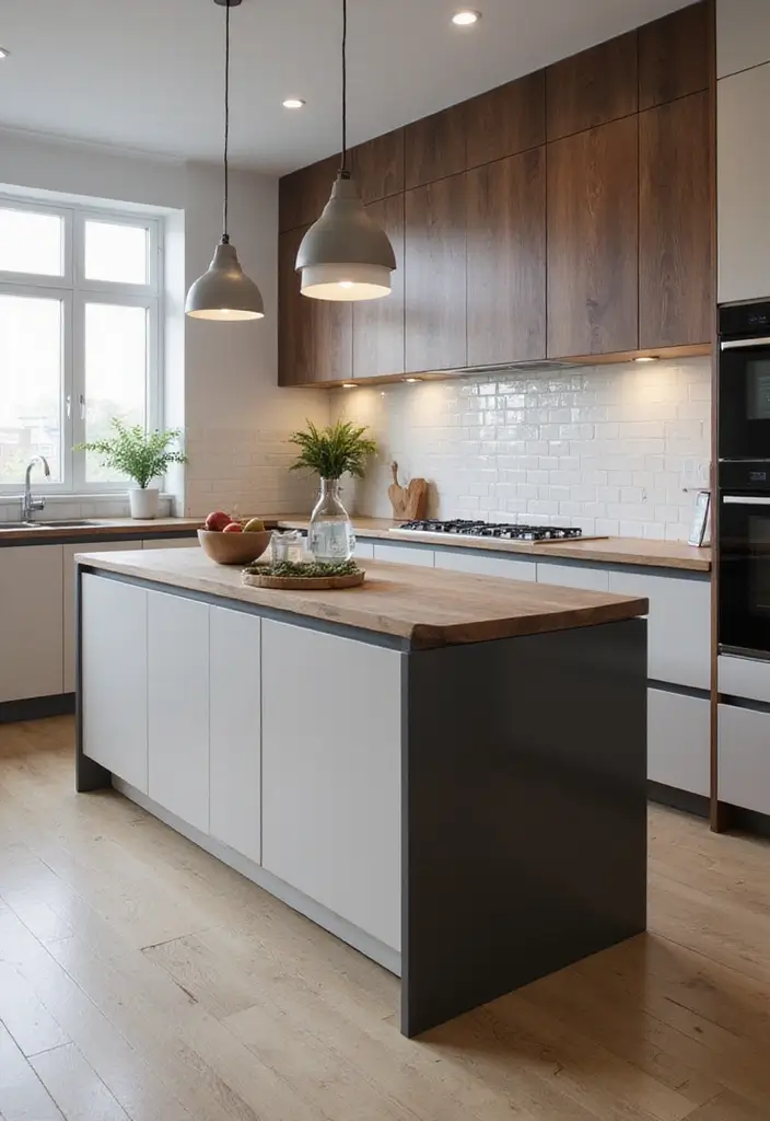 A two-toned kitchen island with a dark base and a light countertop, a popular modern design trend.