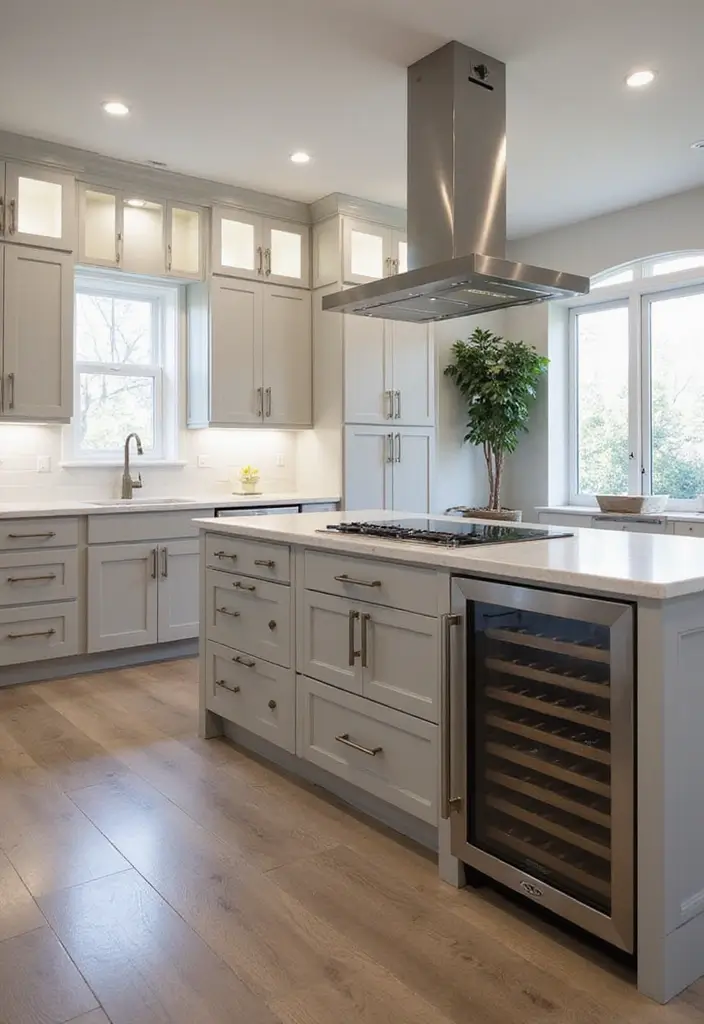 A sleek kitchen island with built-in appliances, including a microwave drawer and a wine cooler.