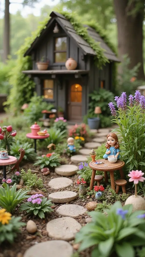 A whimsical fairy garden in a pot, featuring a miniature house and tiny plants, a magical small garden decor idea.