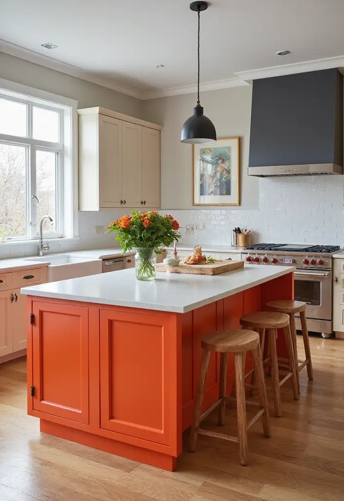 A kitchen island with statement colors, painted a bold navy blue to contrast with neutral cabinets.