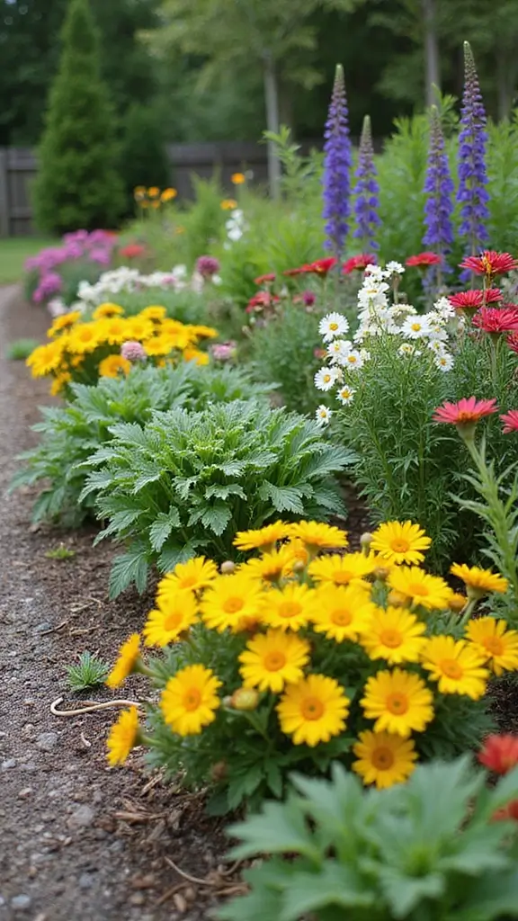 A small garden with edible landscaping, where vegetables and herbs are mixed with flowers.