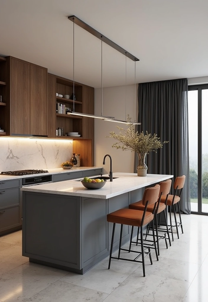 A multi-level kitchen island, a modern trend featuring a lower prep area and a higher dining bar.