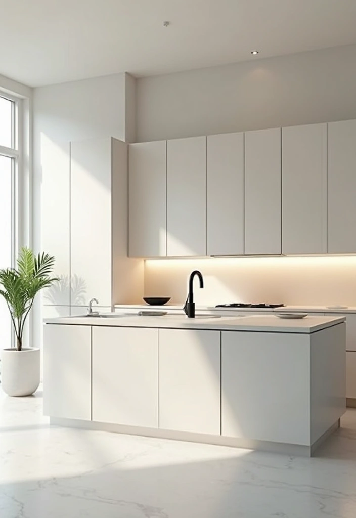 A minimalist kitchen island design with flat-panel cabinets, hidden hardware, and a neutral color scheme.