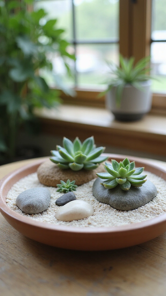 A tabletop mini Zen garden with sand, stones, and a small succulent, a serene small home garden idea.
