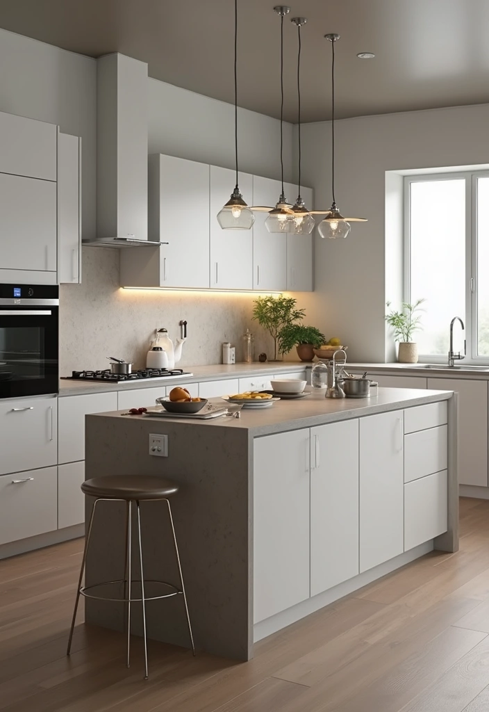 A tech-integrated kitchen island with pop-up charging stations and a smart faucet.