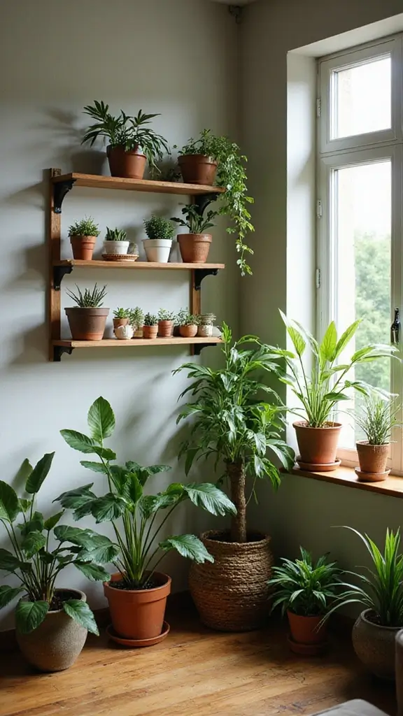 A cozy indoor garden nook in a sunlit corner, filled with houseplants on shelves and stands.