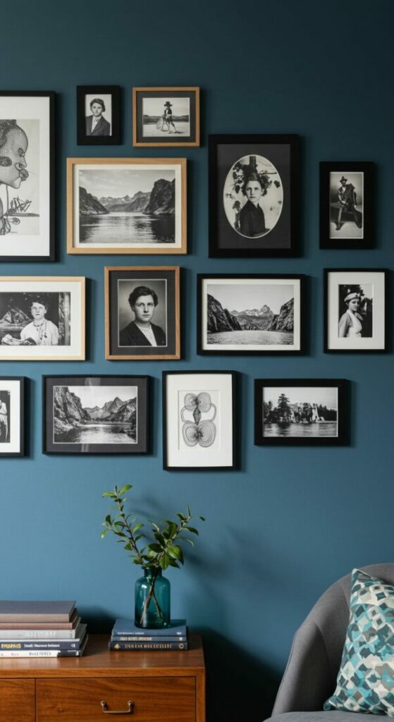 A creative asymmetrical layout of framed photos on a wall, an expert tip for arranging wall art.