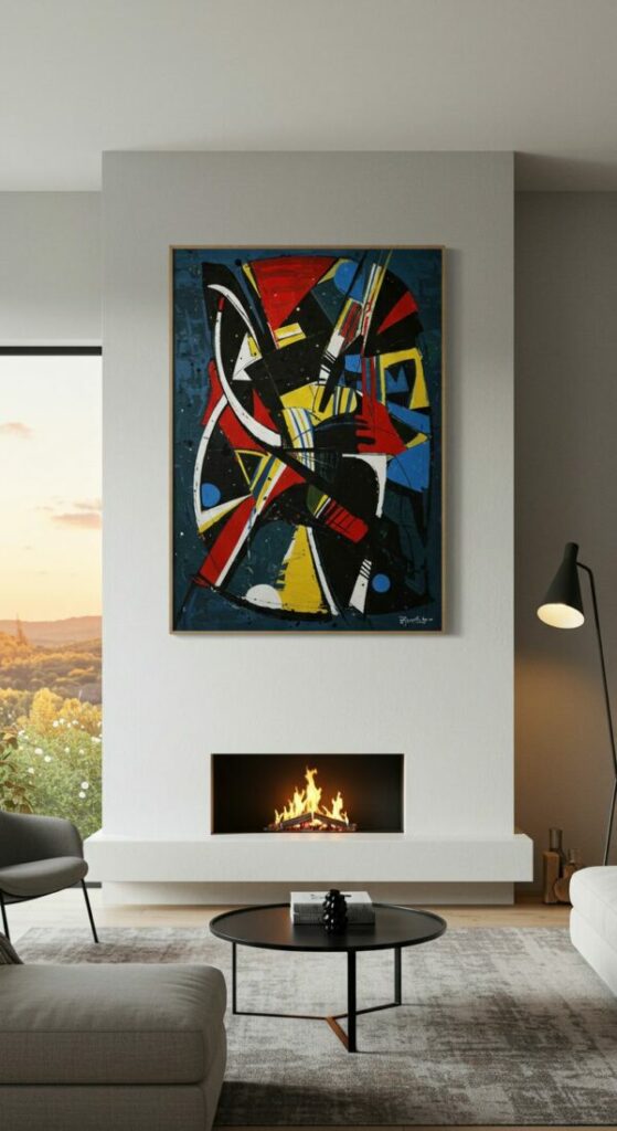 A dramatic piece of abstract art serving as the focal point in a modern living room, hung above a fireplace.