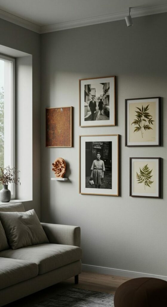 A gallery wall that successfully mixes art styles, including paintings, photography, and sculptural elements.