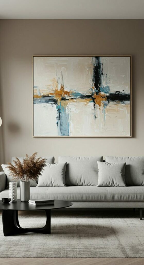 A perfectly sized piece of large-scale art hung above a sofa.