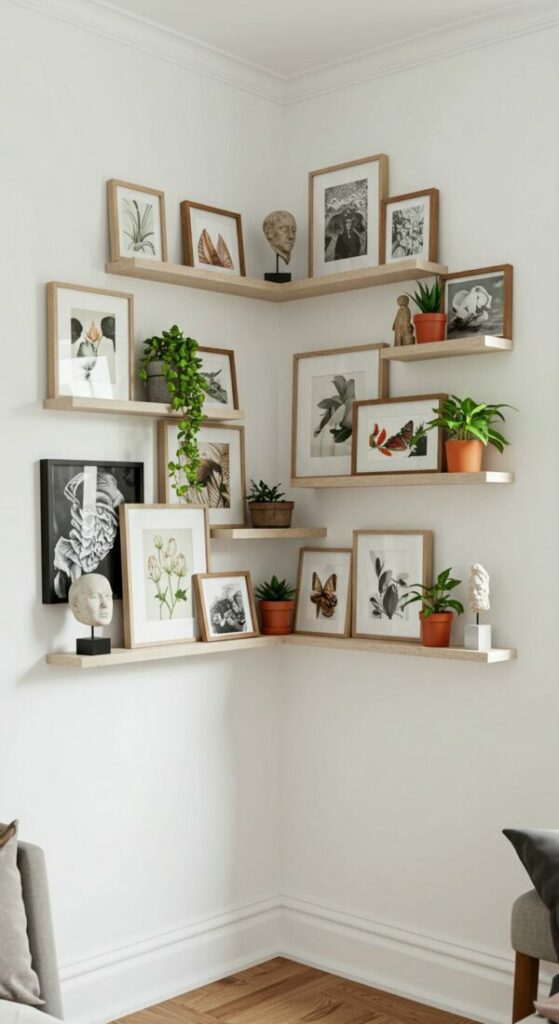 A stylish use of floating shelves for art display, showing layered frames mixed with small plants and sculptures.