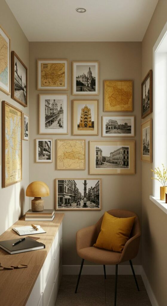 A well-organized gallery wall in a small space, featuring framed prints with a cohesive color palette.