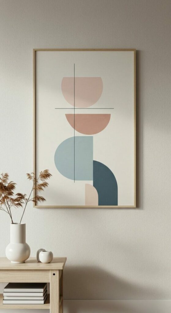 Light and airy minimalist wall art for apartments, featuring soft pastels and clean lines on a neutral wall.
